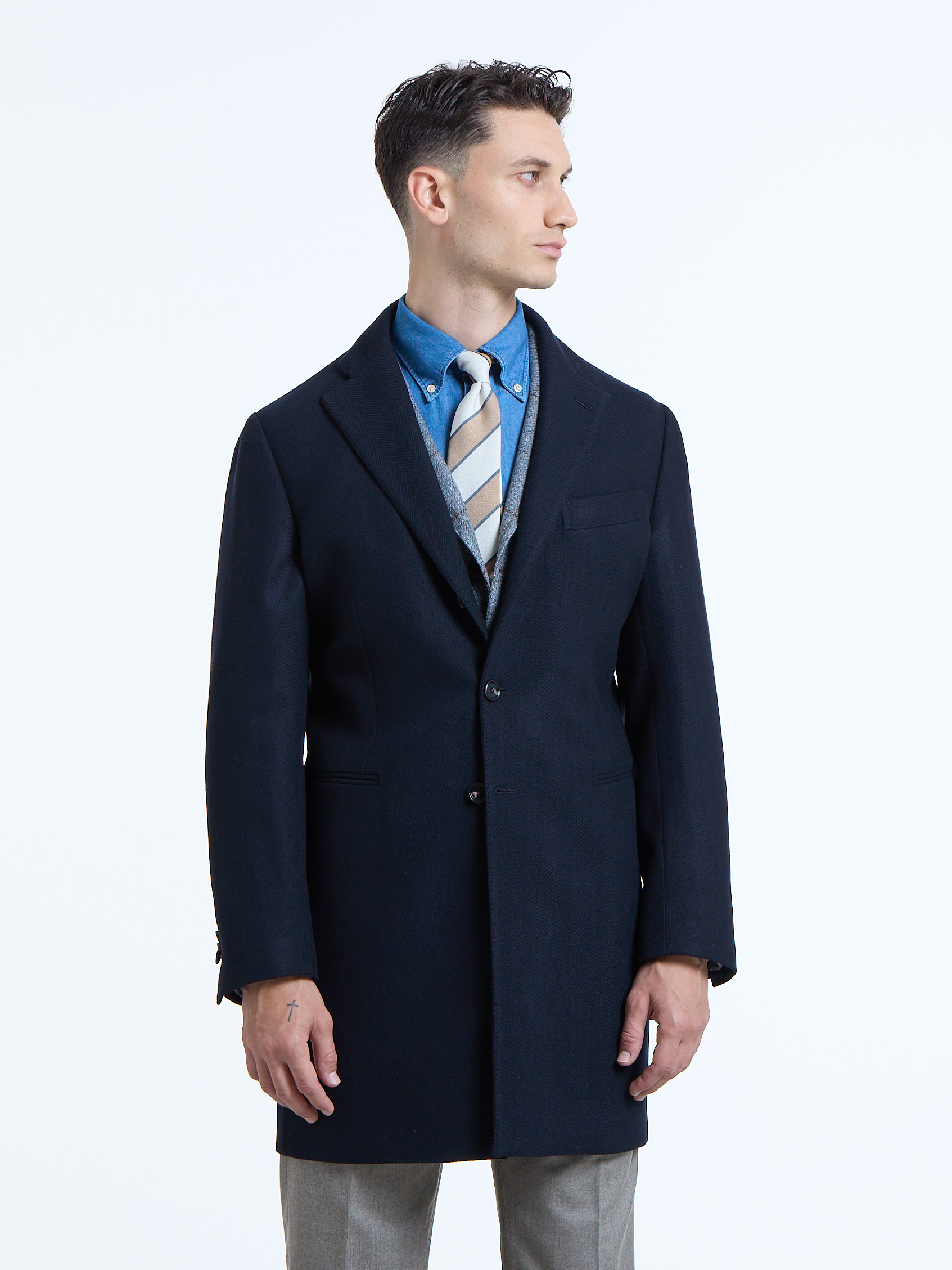 SINGLE-BREASTED WOOL/CASHMERE HERRINGBONE COAT - BLUE - LUIGI